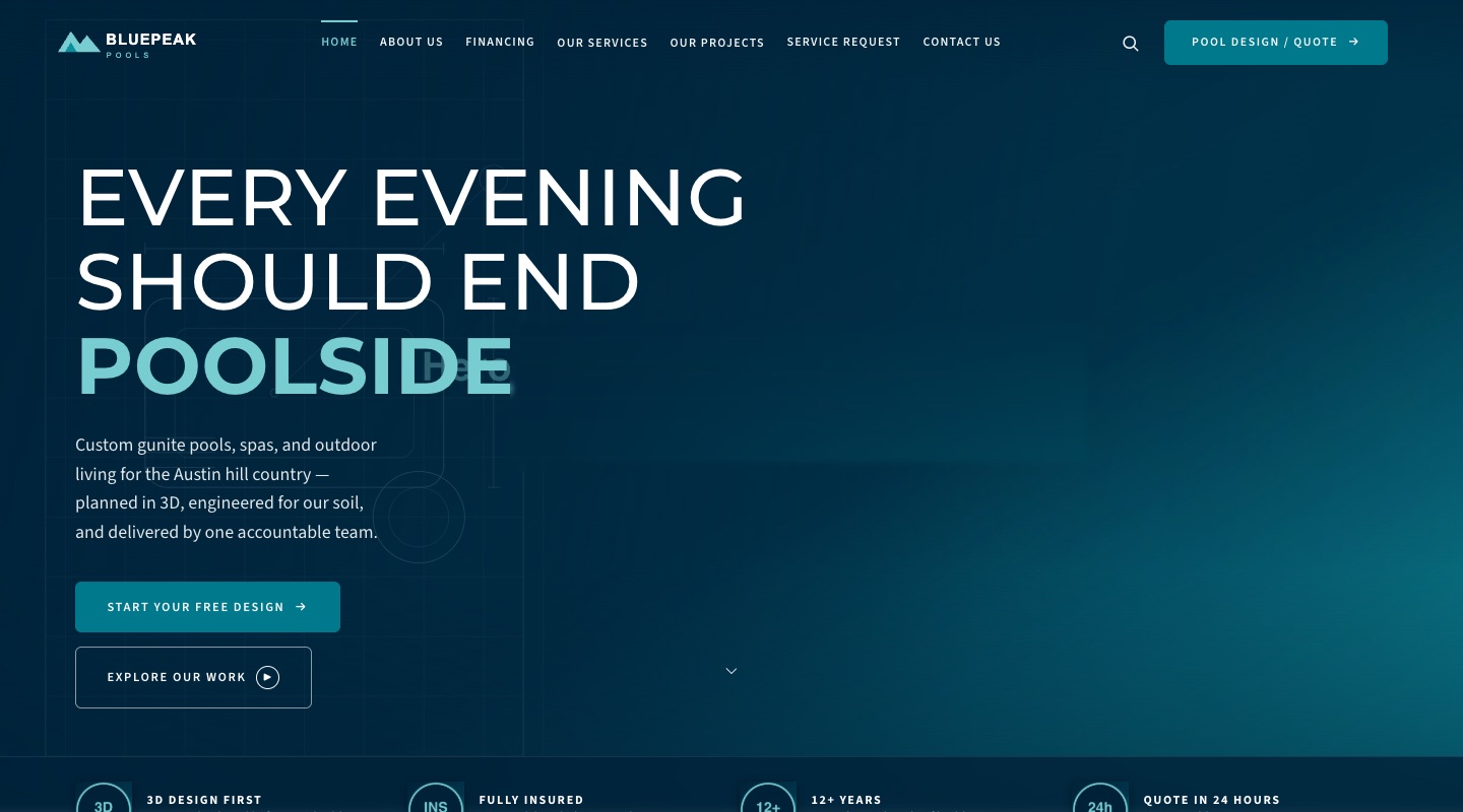 Bluepeak Pools website concept, hero section